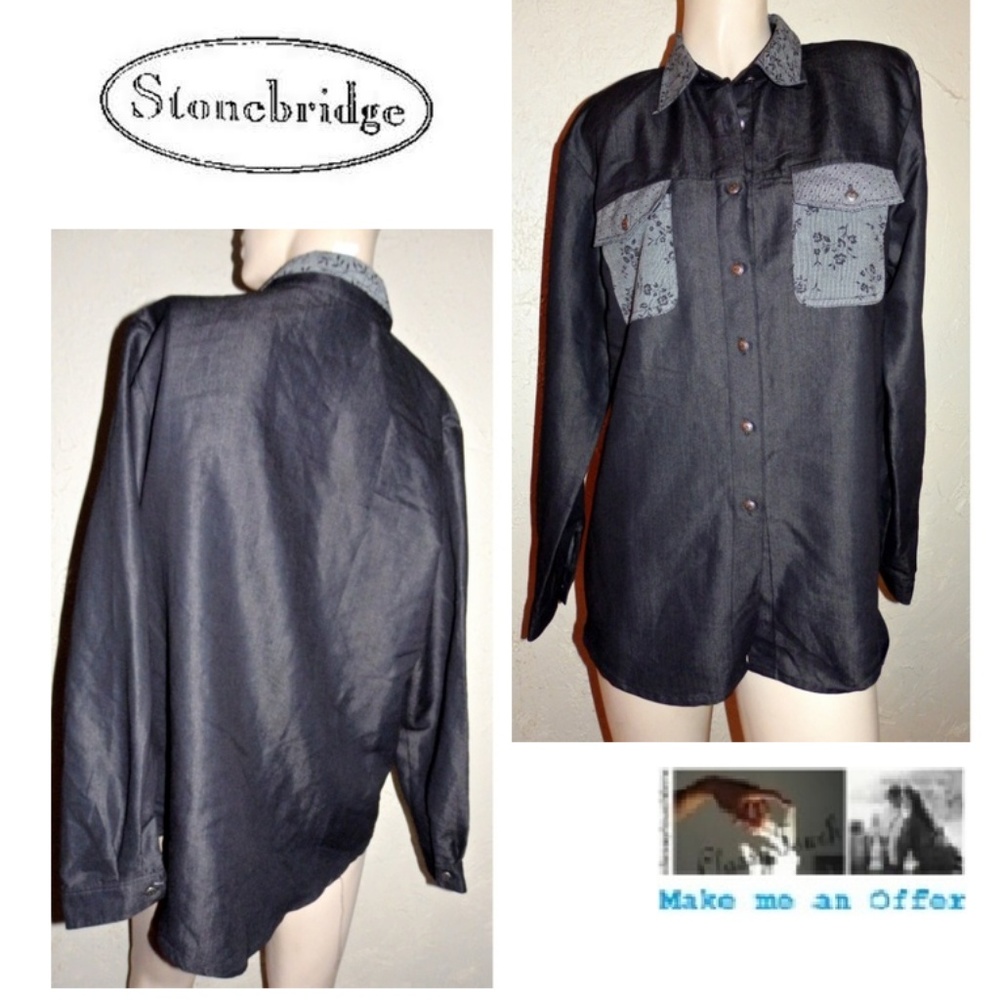 Stonebridge New  Black Gray Collar Shirt Size M